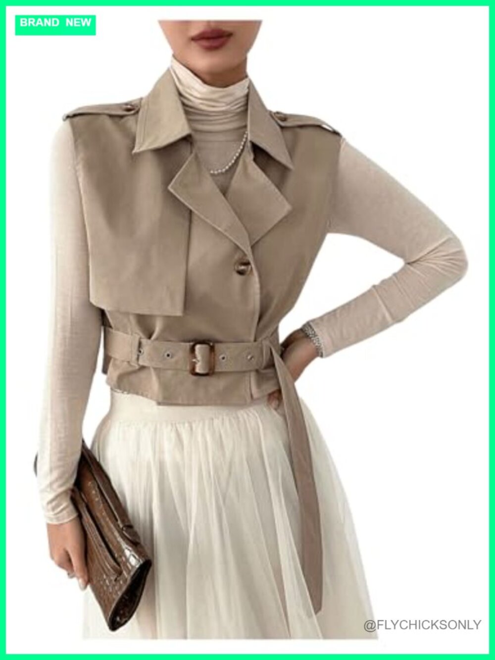 Sleeveless Cropped Trench Coat Belted Lapel Collar Vest